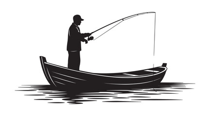 A fisherman in a boat, silhouetted on a white canvas
