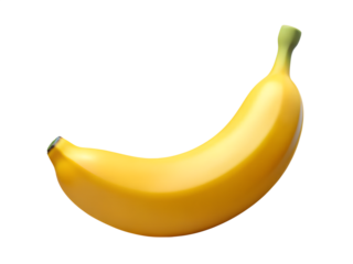 3d illustration of a single ripe yellow banana with a green stem, isolated on a transparent background, representing healthy eating and natural fruit