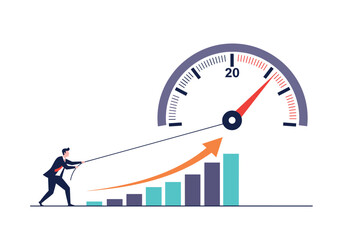 Fototapeta premium Business professional pulling upward growth chart towards performance gauge speedometer concept