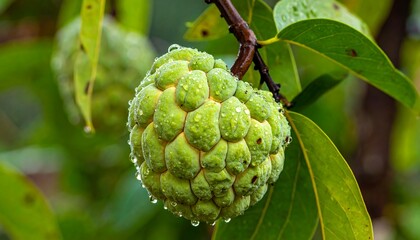 Fototapeta premium Close-up of a custard apple fruit on a branch