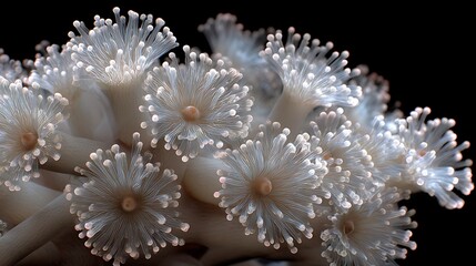Close up of a soft coral colony with translucent polyps and black background in a marine environment