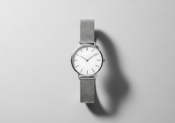 Elegant minimalist silver wristwatch with patterned band flat lay casting a soft shadow