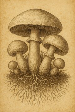 Rooted Tricholoma Group in Sandy Soil