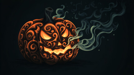 Fototapeta premium Sinister Glowing Jack-O'-Lantern in Smoke