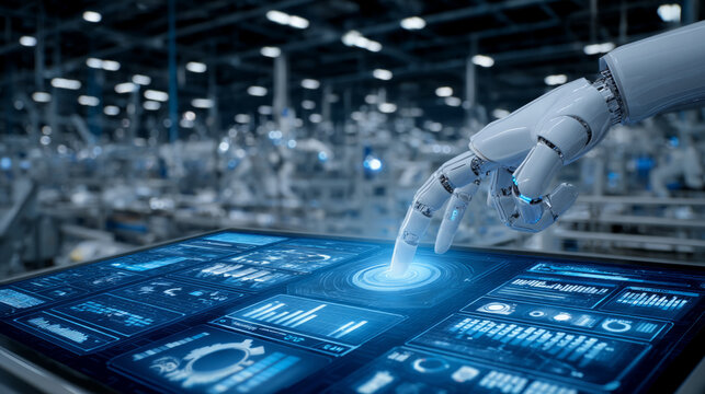 robot hand hovering above touchless control panel managing assembly line data