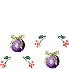 Purple baubles and red holly berries watercolor seamless border isolated on white. Perfect for fabric, greeting cards, textiles, invitations, seasonal decorative prints. Christmas DIY projects