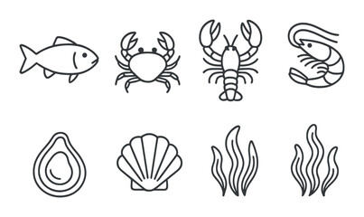 Seafood and marine icons: fish, crab, lobster, shrimp, oyster, seashell, seaweed illustrations