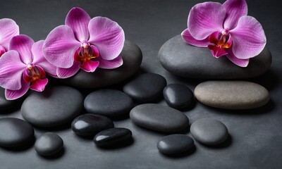 Fototapeta premium Tranquil spa scene with vibrant pink orchids resting on smooth, dark, zen stones for wellness