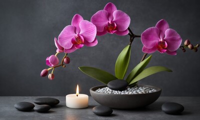 Elegant pink orchids, zen stones, and a glowing candle for relaxation and spa vibes