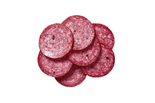 Sliced salami arranged in a circle.  Stacked slices of cured meat,  showing a reddish-pink hue, with pepper specks visible