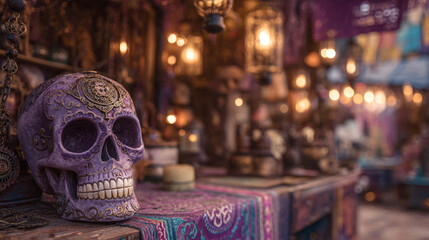 skulls, candles, and marigolds in honor of the festive Day of the Dead celebration.