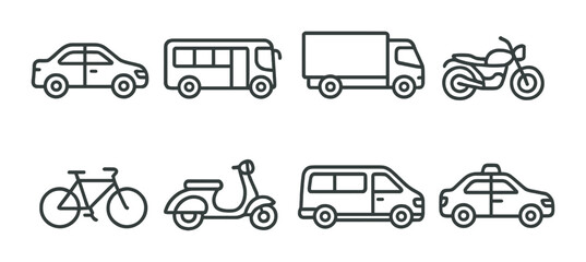 Vehicle icons: car, bus, truck, motorcycle, bicycle, scooter, van, taxi on black background