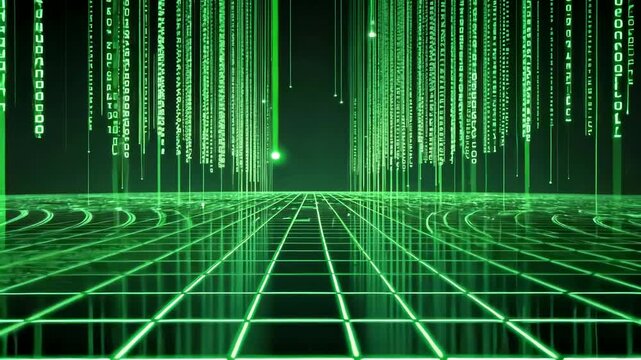 Futuristic Digital Green Matrix Grid with Glowing Binary Code and Virtual Reality Environment