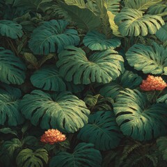Fototapeta premium Lush tropical foliage with delicate orange flowers blooming amongst the large green leaves a vibrant jungle scene