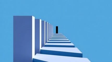 A visually striking abstract staircase composed of geometric, minimalist blocks in shades of blue and white, creating a sense of depth and optical illusion.