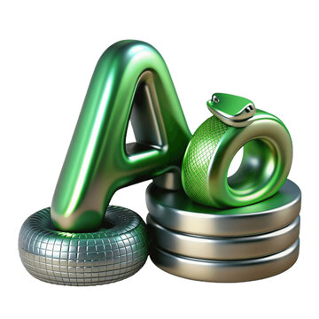 Shiny Green Python Snake Coiled on a Letter A Resting on Metal Discs