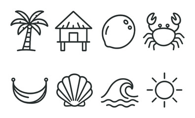 Monochrome tropical icons: palm tree, hut, coconut, crab, hammock, shell, wave, sun