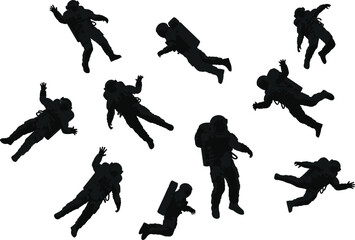 Silhouettes of astronauts floating in space, zero gravity vector illustration, outer space exploration concept, isolated black spaceman figures collection