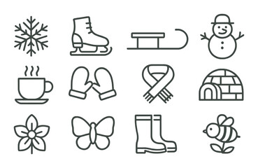 Winter icons: snowflake, skates, sled, snowman, mug, mittens, scarf, igloo, flower, butterfly, boots, bee