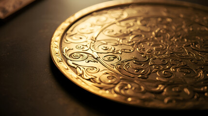 Golden decorative plate with etched patterns for luxurious elegant modern stylish artistic interior tableware design
