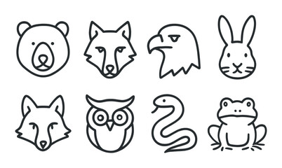 Outlined animal icons on dark grayscale background: bear, wolf, eagle, rabbit, owl, snake, frog