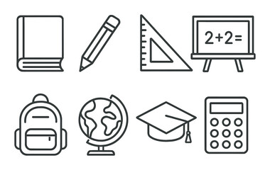Educational icons: book, pencil, ruler, backpack, globe, calculator, blackboard, graduation cap