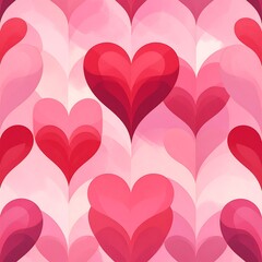 A repeating pattern of layered hearts in shades of pink and red creates a romantic and vibrant design.