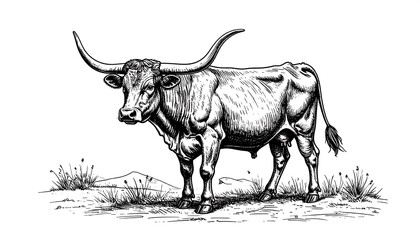 Detailed black and white illustration of a longhorn cattle