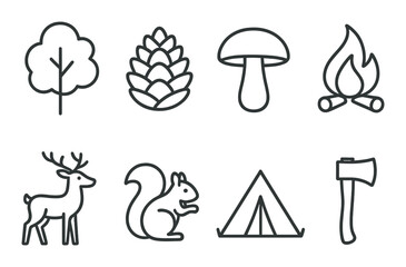 Nature symbols: tree, pinecone, mushroom, campfire, deer, squirrel, tent, axe