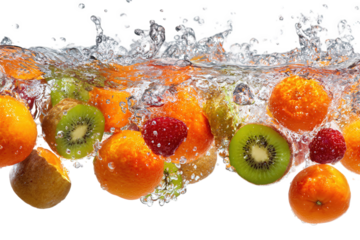 Vibrant Fruit Splash: Oranges, Kiwis and Raspberries in Water