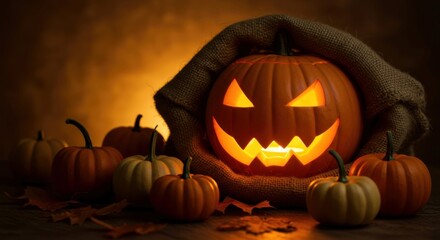 Cozy autumn display with glowing jack-o’-lantern in sack.