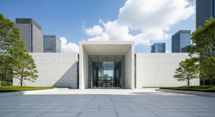 Modern Entrance of a Building with Lush Greenery and Sky