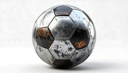 A weathered soccer ball, metallic in appearance, with areas of rust-like discoloration