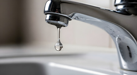 A single drop of clear water falls from a chrome faucet into a white sink, highlighting water conservation and resource management