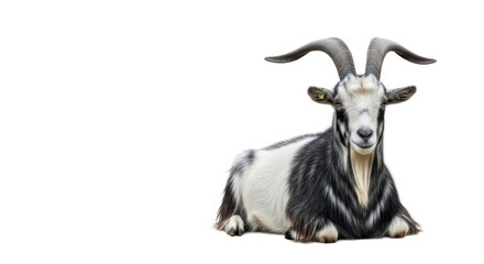 A Majestic Goat Rests Calmly on a White Background