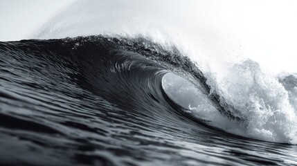 Monochromatic Ocean Wave Powerful Barrel Curl in Black and White