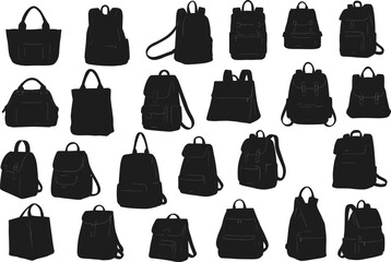 Backpack silhouette collection, travel bag icons, school backpack vector, black rucksack illustrations, modern fashion bags set for design