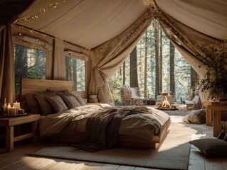 Nordic inspired glamping tent with firepit