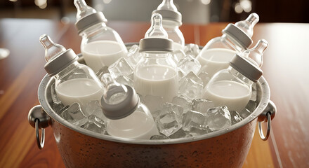 A Baby Bottle Chilling in an Ice Bucket