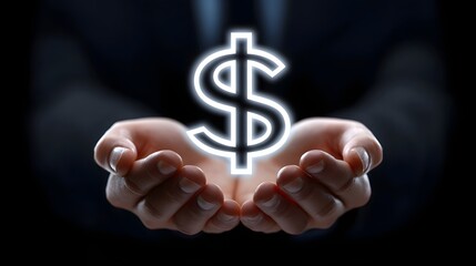 Cupped hands displaying a bright, illuminated dollar sign symbol, representing finance, wealth, and economic prosperity.