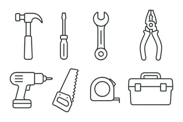Obraz premium Set of outline hand tools on dark background: hammer, screwdriver, wrench, pliers, drill, saw, tape, toolbox