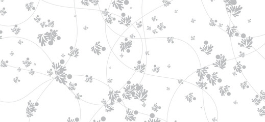 Delicate silver foliage and subtle grey circles float on a bright white backdrop, interconnected by graceful, curved lines, forming a gentle and elegantly refined seamless pattern