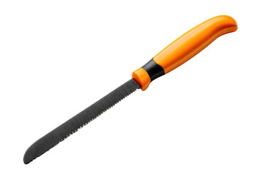 A serrated kitchen knife with an orange handle