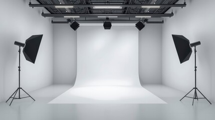 Empty Modern Photography Studio with Lighting Equipment and White Backdrop