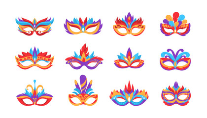 Face carnival mask feathers. Festival purim icons set cartoon stuff. Costume show. Modern flat style design.