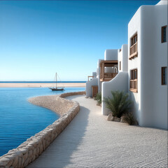 Fototapeta premium White building blue sky calm sea sandy beach stone walkway wooden balcony palm peaceful summer vacation