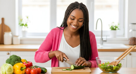Happy woman preparing healthy salad in her kitchen cutting fresh cucumbers vegetables cooking food home