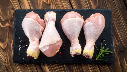 Raw chicken drumsticks on a slate board