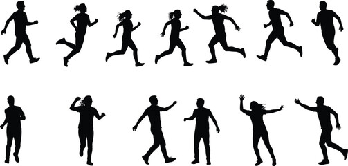 Running silhouette, jogging people, exercise fitness, black shadow, man woman running, outdoor sport, training activity, healthy lifestyle, workout exercise, athlete sprint