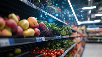 Grocery store shelf with fruit and vegetable display futuristic technology - Powered by Adobe